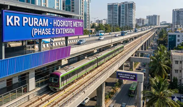 Visual representation of the proposed double-decker metro and road flyover plan from KR Puram to Hoskote in East Bengaluru.