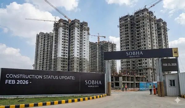 February 2026 construction update for Sobha World City, showing site clearing, earthworks, and material storage.