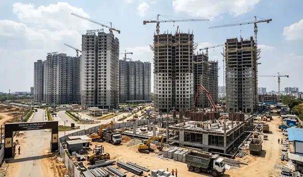 March 2026 construction update for Sobha World City, showing site clearing, earthworks, and material storage.
