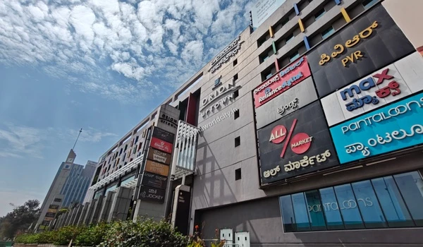 Upward perspective of the modern architectural design and colorful vertical fins at the shopping center easily accessible from Sobha World City