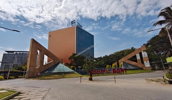 Main gate of the Bearys Global Research Triangle with red typography, indicating the thriving commercial zones in the vicinity of Sobha World City