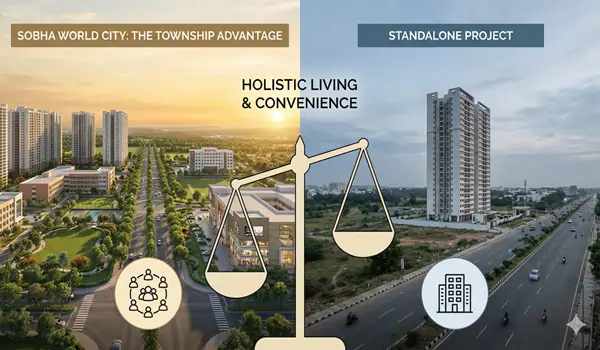 Comparison between Sobha World City integrated township and standalone projects highlighting the township advantage.