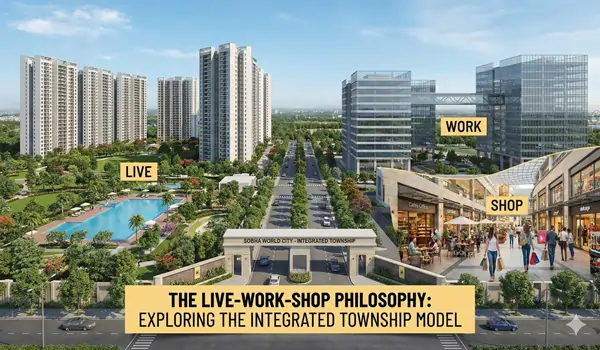 Visual representation of the Live-Work-Shop philosophy at the 48-acre Sobha World City integrated township.