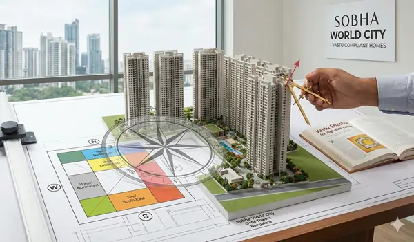 Illustration of Vastu Shastra principles applied to the design and layout of Sobha World City's G+54 residential towers.